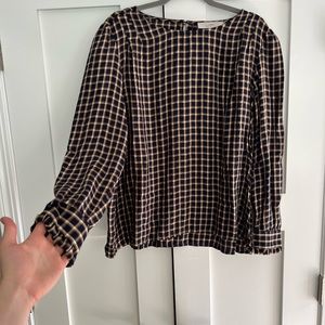 LOFT plaid blouse • navy and gold